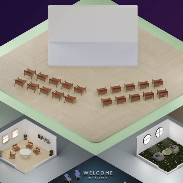 Customizable virtual stage with 4 breakout meeting rooms rooms